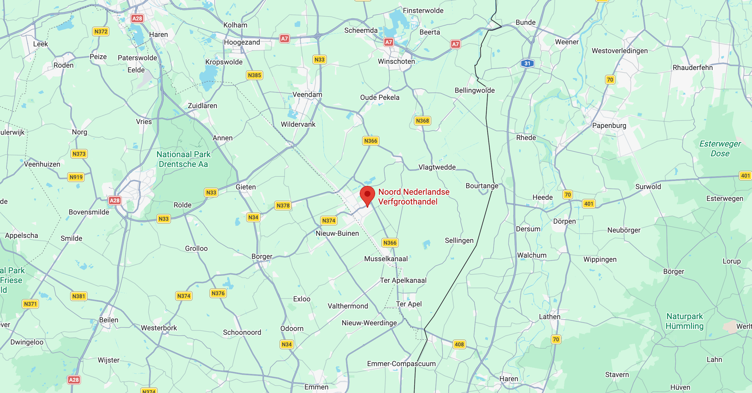 Kaart van Noord-Nederland met de vestiging en het bezorggebied van NNVG